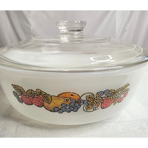 Vtg. Anchor Hocking Fire King Casserole Baking Dish w/Lid Nature's Bounty Round0 - Picture 2 of 4